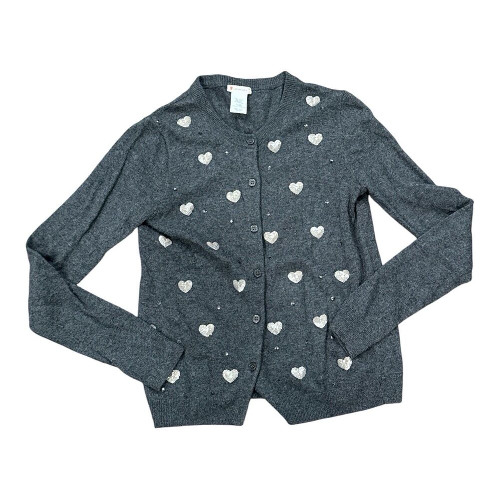 J Crew Crewcuts Girls 14 Gray Heather Sparkle Hearts Wool Blend Cardigan Sweater